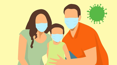 Zeichnung von einer Familie. Die Frau, das Kind und der Mann tragen eine medizinische Maske.